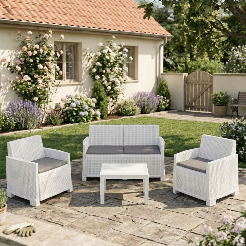 Set salotto giardino 4 posti e 1 tavolo effetto rattan bianco - Atrito