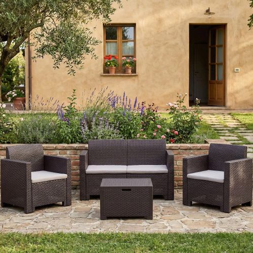 Set salotto giardino 4 posti e 1 tavolo effetto rattan marrone - Gazania