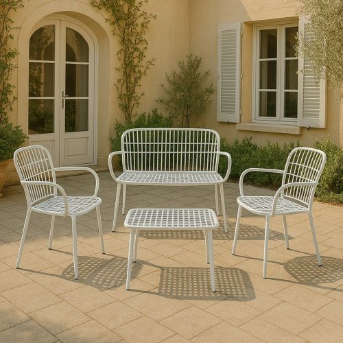 Set salotto giardino minimal 2 poltrone e 1 panchina bianco - Jurij