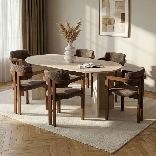 Set Tavolo e Sedie Beige Marmo 6 Posti Sedie Effetto Bouclè, Dimensione Seduta 54x54h76 cm - Nohanoso