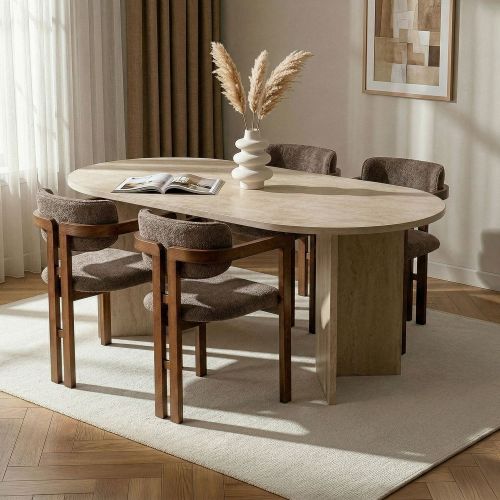 Set Tavolo e Sedie Beige Marmo 6 Posti Sedie Effetto Bouclè, Dimensione Seduta 54x54h76 cm - Noharoha