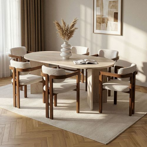 Set Tavolo e Sedie Beige Marmo Bianco 6 Posti Sedie Effetto Bouclè, Dimensione Seduta 54x54h76 cm - Nohanoso