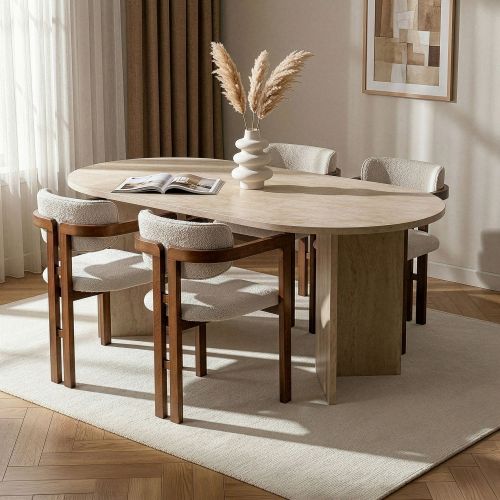 Set Tavolo e Sedie Beige Marmo Bianco 6 Posti Sedie Effetto Bouclè, Dimensione Seduta 54x54h76 cm - Noharoha