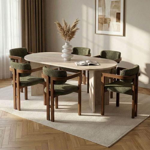Set Tavolo e Sedie Beige Marmo Verde 6 Posti Sedie Effetto Bouclè, Dimensione Seduta 54x54h76 cm - Nohanoso