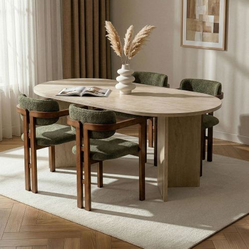 Set Tavolo e Sedie Beige Marmo Verde 6 Posti Sedie Effetto Bouclè, Dimensione Seduta 54x54h76 cm - Noharoha