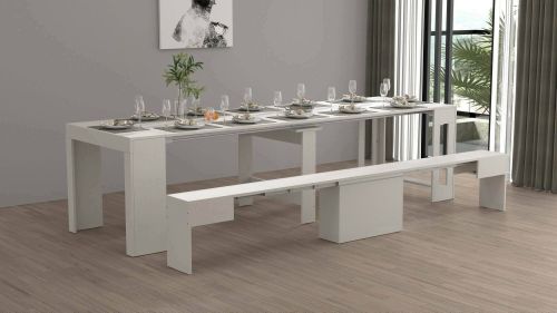 Set tavolo e sedie Crispin, Composizione multiuso, Set con consolle e 1 panca allungabili, 100% Made in Italy, 66x25h45 cm, Bianco
