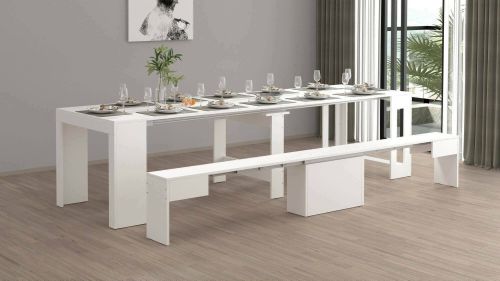 Set tavolo e sedie Crispin, Composizione multiuso, Set con consolle e 1 panca allungabili, 100% Made in Italy, 66x25h45 cm, Bianco lucido