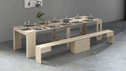 Set tavolo e sedie Crispin, Composizione multiuso, Set con consolle e 1 panca allungabili, 100% Made in Italy, 66x25h45 cm, Olmo