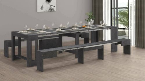 Set tavolo e sedie Eric, Composizione multiuso, Set con consolle e 2 panche allungabili, 100% Made in Italy, 66x25h45 cm, Ardesia