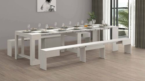 Set tavolo e sedie Eric, Composizione multiuso, Set con consolle e 2 panche allungabili, 100% Made in Italy, 66x25h45 cm, Bianco