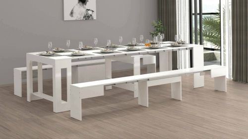 Set tavolo e sedie Eric, Composizione multiuso, Set con consolle e 2 panche allungabili, 100% Made in Italy, 66x25h45 cm, Bianco lucido