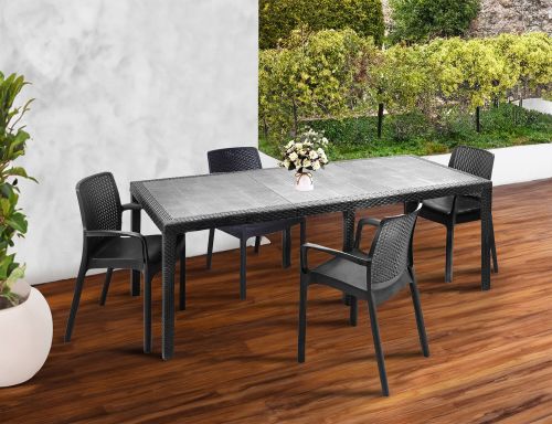 Set tavolo e sedie Manarola, Ripiano rettangolare allungabile da esterno con 4 sedie incluse, Tavolo e sedute da giardino effetto rattan, 100% Made in Italy, Antracite