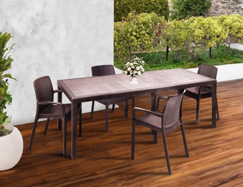 Set tavolo e sedie Manarola, Ripiano rettangolare allungabile da esterno con 4 sedie incluse, Tavolo e sedute da giardino effetto rattan, 100% Made in Italy, Marrone