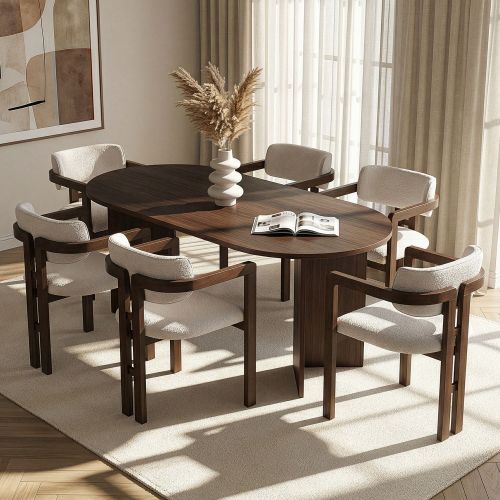 Set Tavolo e Sedie Marrone Bianco 6 Posti Sedie Effetto Bouclè, Dimensione Seduta 54x54h76 cm - Nohanoso