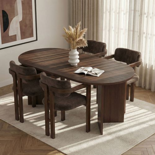 Set Tavolo e Sedie Marrone Noce 6 Posti Sedie Effetto Bouclè, Dimensione Tavolo 180x90h75 cm - Noharoha