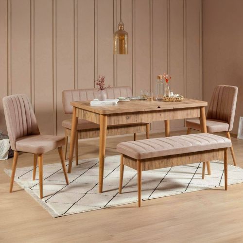 Set Tavolo e Sedie Marrone Quercia Grigio Cemento 8 Posti Allungabile, set 2 Sedie e 2 Panche - Padru