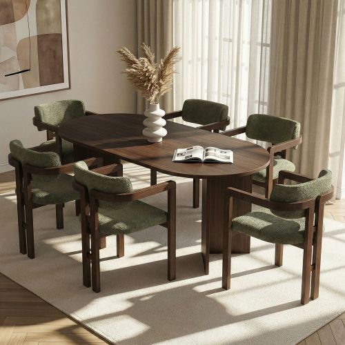 Set Tavolo e Sedie Marrone Verde 6 Posti Sedie Effetto Bouclè, Dimensione Seduta 54x54h76 cm - Nohanoso