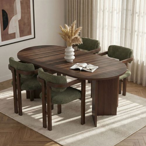 Set Tavolo e Sedie Marrone Verde 6 Posti Sedie Effetto Bouclè, Dimensione Seduta 54x54h76 cm - Noharoha