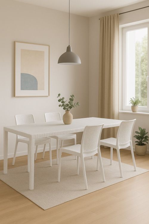 Set tavolo e sedie Moie, Salottino indoor, Tavolo rettangolare allungabile con 4 sedie con braccioli, Made in Italy, Bianco