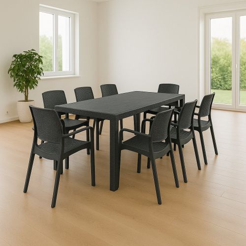 Set tavolo e sedie Moie, Salottino indoor, Tavolo rettangolare allungabile con 8 sedie con braccioli, Made in Italy, Antracite