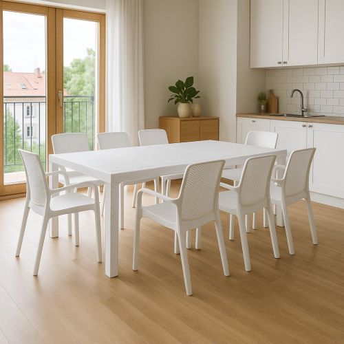 Set tavolo e sedie Moie, Salottino indoor, Tavolo rettangolare allungabile con 8 sedie con braccioli, Made in Italy, Bianco