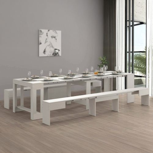 Set tavolo soggiorno estensibile e 2 panche estensibili bianco 12 posti - Auditore