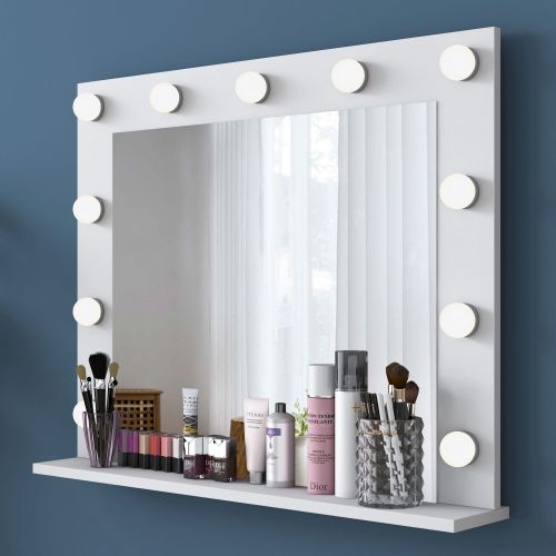 Specchio Bianco con Mensola e Lampadine Forma Rettangolare 90x72h cm, Tipologia da Parete - Storo