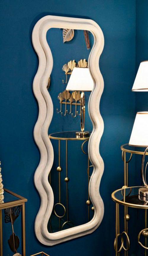 Specchio Virago, Specchiera, Articolo d'arredo a muro, Decorazione con specchio, 60x6 h160 cm, Crema