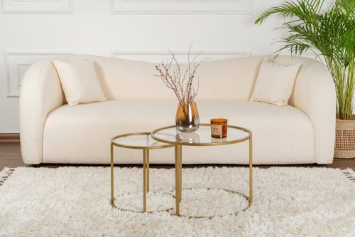 Tavolino da salotto Abbadesse, Tavolo basso da caffè, Portariviste per divano, Ripiano da soggiorno, 60x60 h43 cm, Oro e Trasparente