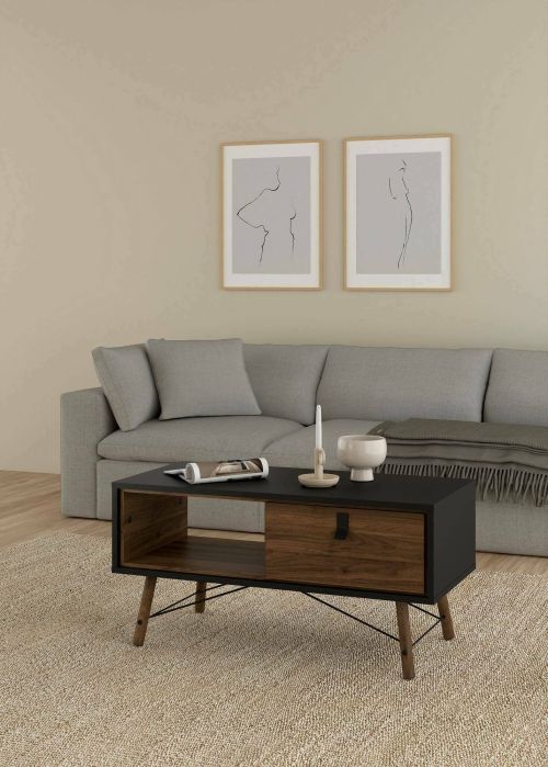 Tavolino da salotto Alaine, Tavolo basso da caffè, Portariviste per divano, Ripiano da soggiorno, 48x102 h50 cm, Nero e Noce