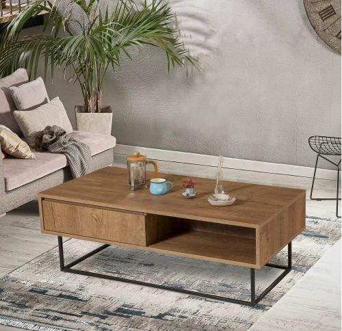 Tavolino da salotto Algenib, Tavolo basso da soggiorno, Ripiano da caffè, Tavolino per divano, 120x60h43 cm, Noce e Nero