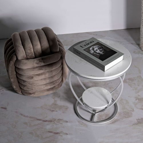 Tavolino da Salotto Argento Bianco Marmo Struttura a Cuore Forma Rotondo 40x40x46h cm, Colore Ripiano Bianco - Masaka