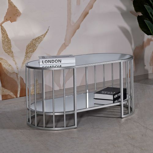 Tavolino da Salotto Argento Trasparente un Vano Forma Ovale 90x50x45h cm, Colore Ripiano Trasparente - Fafa