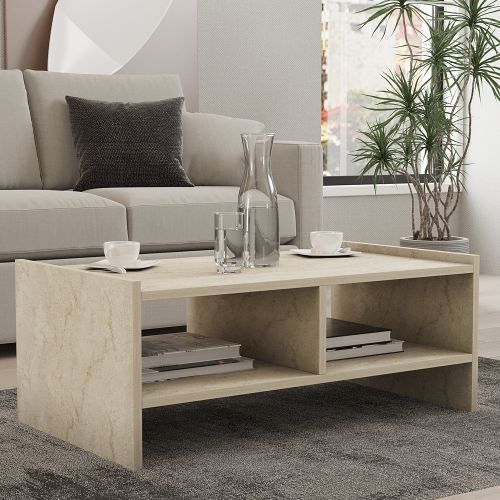 Tavolino da Salotto Beige Marmo 2 Vani Forma Rettangolare 90x50x35h cm, Sfumatura Colore Ripiano Marmo - Oria