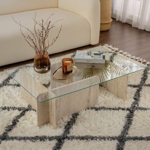 Tavolino da Salotto Beige Marmo Bianco Portariviste Forma Rettangolare 105x65x30h cm, Colore Ripiano Trasparente - Rhysand