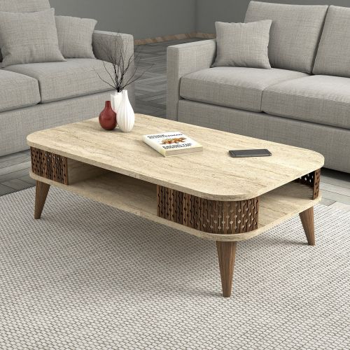 Tavolino da Salotto Beige Marmo Marrone Noce un Vano con Piedini 105x60x35h cm, Forma Rettangolare - Medicina
