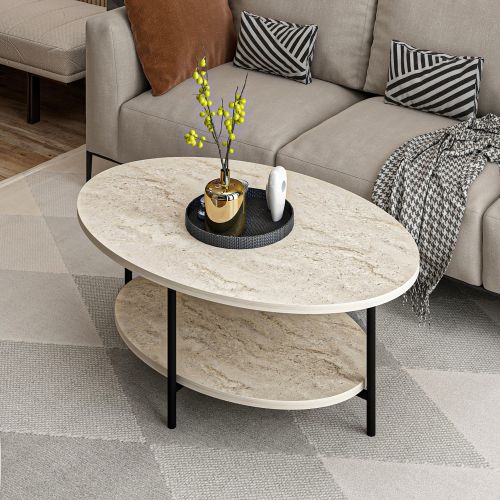 Tavolino da Salotto Beige Marmo Nero con Piedini un Vano 90x60x36h cm, Forma Ovale - Subiaco
