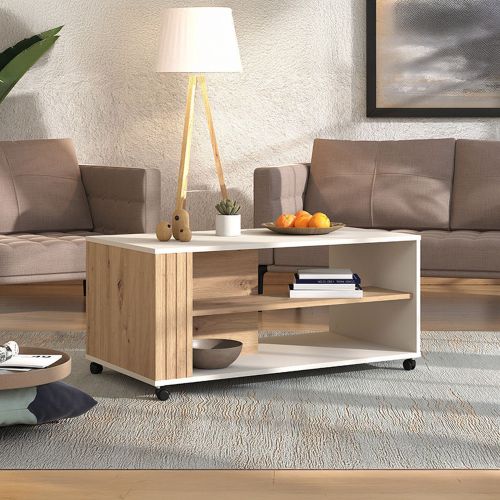 Tavolino da Salotto Beige Marrone Rovere Nodi con Ruote 2 Vani 101x54.5x46h cm, Forma Rettangolare - Dosso