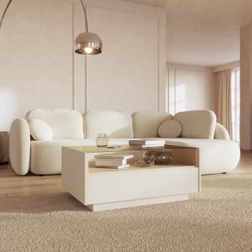 Tavolino da Salotto Beige Marrone Rovere un Cassetto un Vano 96x40x43h cm, Forma Rettangolare - Karisasa