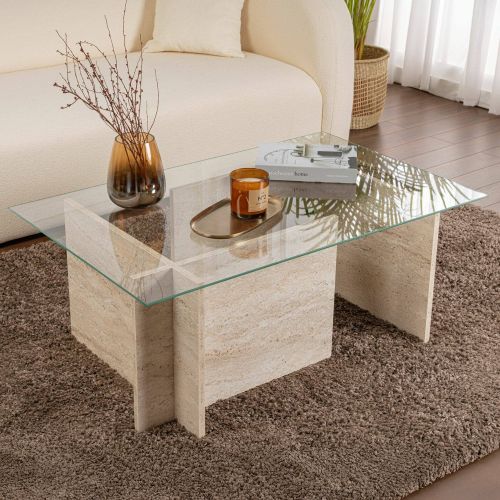 Tavolino da Salotto Beige Portariviste Forma Rettangolare 105x65x40h cm, Materiale Piano in Vetro - Azriel