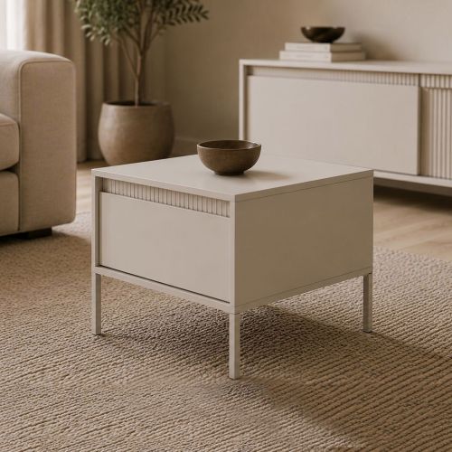 Tavolino da Salotto Beige un Cassetto con Piedini 68x48x68h cm, Forma Quadrato - Kasinela