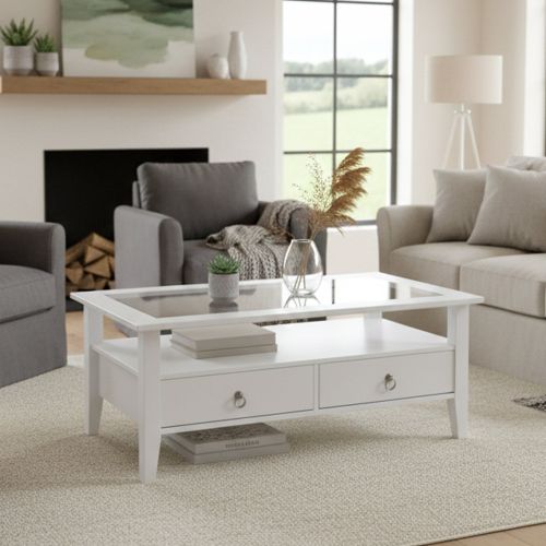 Tavolino da Salotto Bianco 2 Cassetti Portariviste 115x60x45h cm, un Vano - Minturno