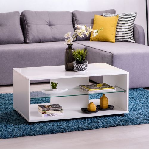 Tavolino da Salotto Bianco 2 Vani con Ruote 101x60x45h cm, Forma Rettangolare - Giussano
