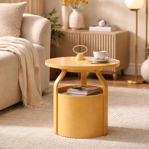 Tavolino da Salotto Bianco Crema Forma Rotondo Colore Ripiano Bianco 46x54x46h cm, Sfumatura Colore Struttura Crema - Inle