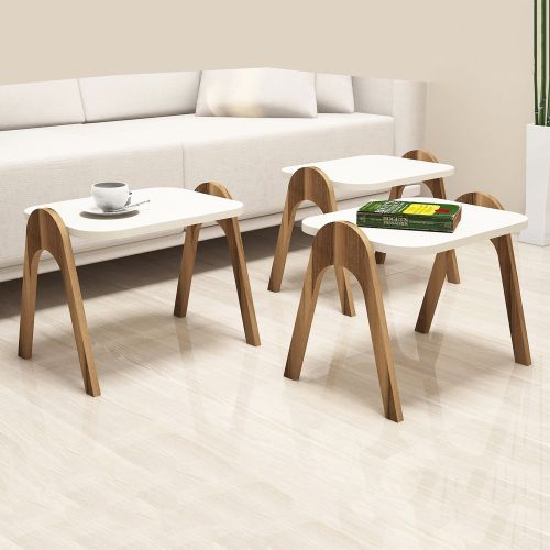Tavolino da Salotto Bianco Crema Marrone Noce set 3 Pezzi Impilabili Forma Rettangolare 49x36x42h cm, Colore Ripiano Bianco - Cerrione