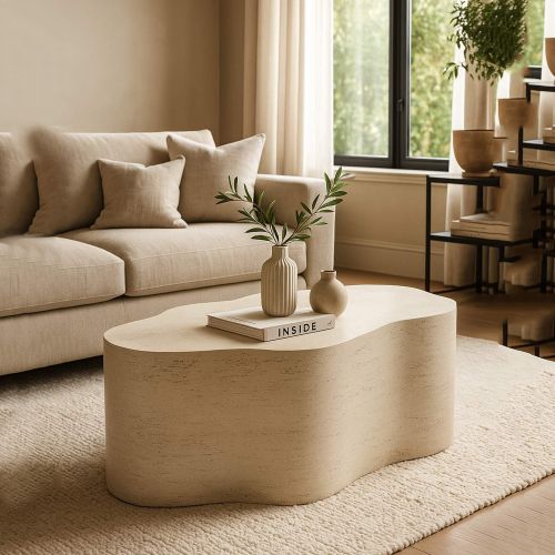 Tavolino da Salotto Bianco Crema Nero Adatto per Indoor-outdoor Effetto Pietra Forma Nuvola 62x48x100h cm, Colore Ripiano Bianco - Sefrou