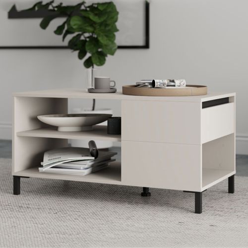 Tavolino da Salotto Bianco Crema Nero un Cassetto con Piedini 102x55x52h cm, 3 Vani - Salentina