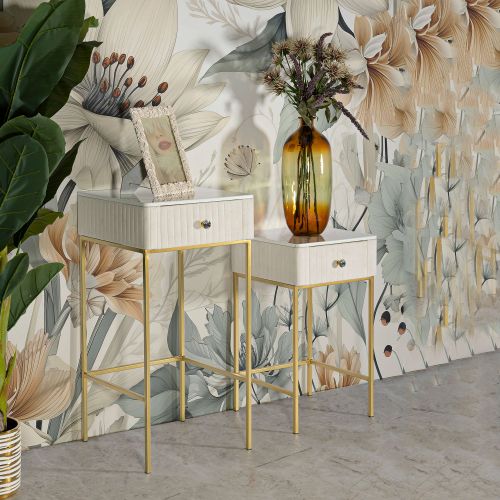 Tavolino da Salotto Bianco Crema oro 2 Cassetti Forma Quadrato 45x45x90h cm, Colore Ripiano Bianco - Dava
