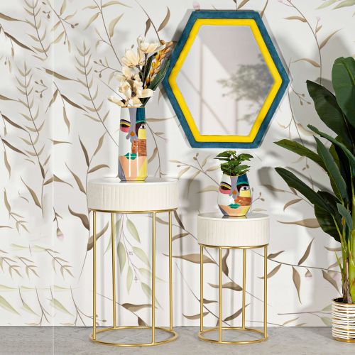 Tavolino da Salotto Bianco Crema oro set da 2 Forma Rotondo 50x50x90h cm, Colore Ripiano Bianco - Davapa