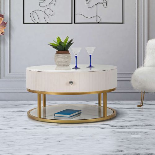 Tavolino da Salotto Bianco Crema oro un Cassetto Rivestimento in Tessuto Imbottito 75x75x36h cm, un Vano - Dalasida